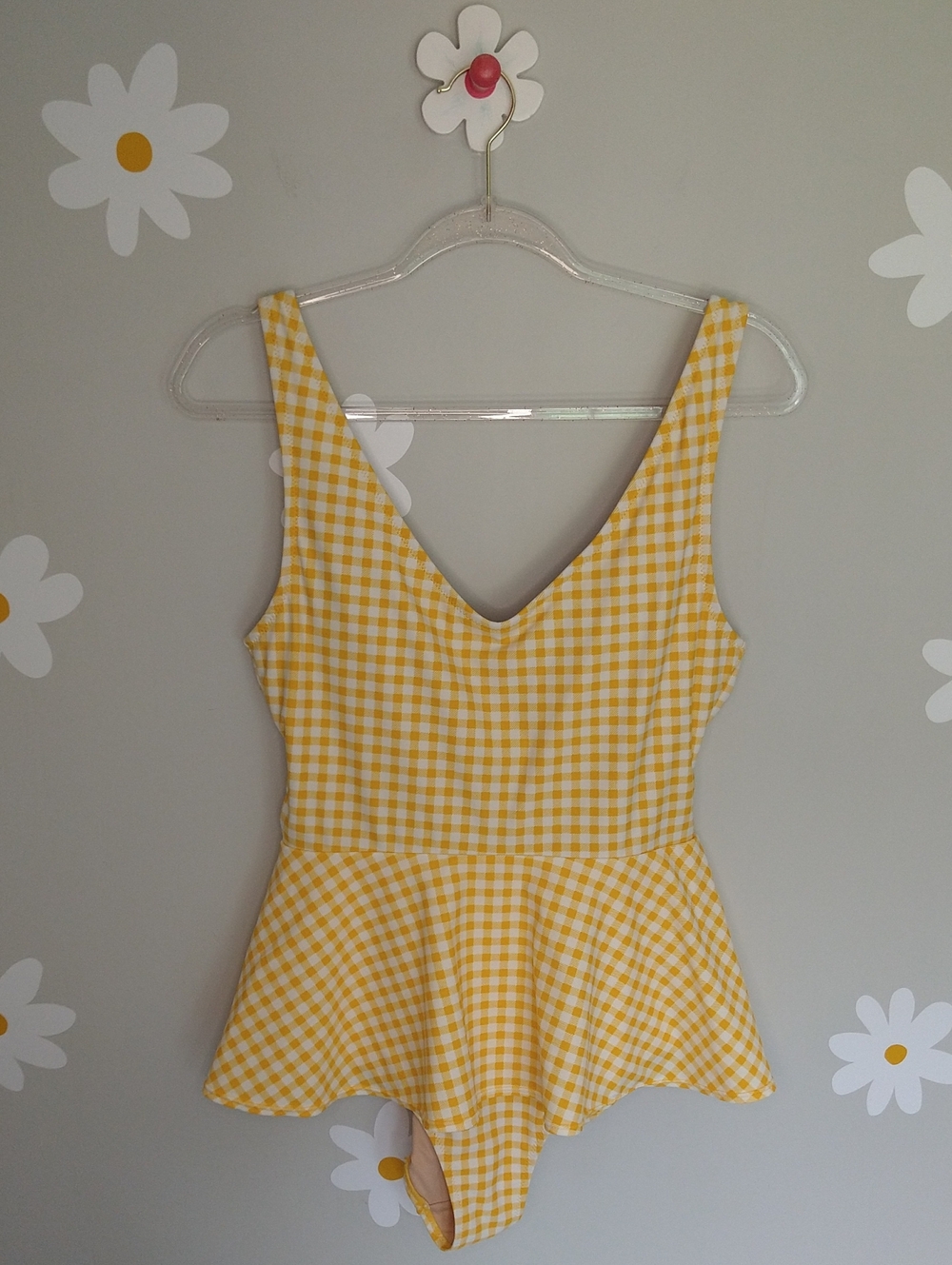 Old Navy Yellow & White Gingham Peplum V-Neck One Piece Feminine Swimsuit